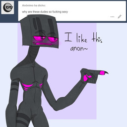black_body blush claws dialogue gesture hand_gesture male markings not_furry pawpads pointing profanity purple_markings purple_pawpads purple_sclera solo square_(anatomy) square_head text deuzion microsoft minecraft mojang tumblr xbox_game_studios enderman endertwinks_(species) humanoid 1:1 english_text hi_res
