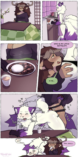 2_horns 5_fingers acceptance anal anal_orgasm anal_penetration animal_genitalia animal_penis anthro anthro_on_anthro anthro_penetrated anthro_penetrating anthro_penetrating_anthro antlers appliance apron bent_over beverage big_butt black_bra black_clothing black_panties black_shirt black_topwear black_underwear blush bodily_fluids bra bra_strap breasts breath butt butt_grab butt_squish cheek_tuft clothed clothing coffee coffee_cup coffee_mug container cooking crossdressing cum cum_in_a_cup cum_in_container cum_in_mouth cum_inside cum_while_penetrated cup curry cutlery cutting cutting_board dialogue dinner dinner_table dipstick_tail dominant dominant_anthro dominant_female drained drinking drinking_cum dripping drooling duo ejaculation electronics eyes_closed eyewear facial_tuft fainted female female_anthro female_penetrating female_penetrating_male femboy fingers flavored_cum floor fluffy fluffy_tail food fox_tail from_behind_position fur furniture genital_fluids genitals gentle_femdom glasses gloves_(marking) green_eyes hand_behind_back hand_behind_butt hand_on_butt hands-free harness heart_symbol highlights_(coloring) holding_object holding_phone horn inner_ear_fluff japanese_house kitchen kitchen_appliance kitchen_counter kitchen_knife kitchen_stove kitchen_utensils knife knot leather leather_harness leather_strap leg_markings looking_at_another looking_pleasured loose_shirt male male/female male_anthro male_penetrated markings mismatched_sexual_dimorphism multi_tail neck_tuft nude object_in_ass onomatopoeia orgasm over_table panties panting partially_clothed pegging penetration penis phone pink_apron pink_clothing plant plant_pot plap plap_(sound) potted_plant purple_apron purple_clothing purple_ears purple_eyes purple_highlights purple_tail_tip rice saliva saliva_drip serving serving_platter sex sex_toy sex_toy_in_ass sex_toy_insertion shirt simple_background sipping socks_(marking) sound_effects speech_bubble spiral spiral_eyes spirit_leaving squish steam stove strapon straps submissive submissive_anthro submissive_male table tail tail_markings tan_body tan_fur teapot text tile tile_wall tired tongue tongue_out tools topwear toying_partner tuft underwear unusual_bodily_fluids unusual_cum unusual_genital_fluids wall_(structure) wearing_glasses white_body white_fur white_tail white_tuft white_wall wood wood_cabinet wood_counter wood_floor wood_furniture wood_table sonofan mirande_(deustchy) rook_(rookarino4277) canid canine cervine deer fox ghost mammal spirit absurd_res comic english_text hi_res