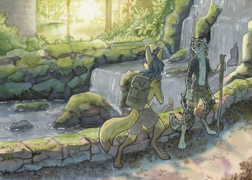 4_toes 5_fingers backpack barefoot biped bottomwear clothed clothing day detailed_background digitigrade duo feet fingers forest fully_clothed fur grass hair holding_object jacket leg_markings male markings moss navel open_clothing open_jacket open_topwear outside plant pointy_ears prick_ears rolled_up_sleeves round_ears shorts shrub smile socks_(marking) spots spotted_body spotted_fur staff standing toes topless topless_male topwear tree walking water waterfall ruaidri velkiel weidzm canid canine clouded_leopard felid fox mammal pantherine