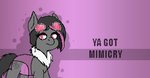 eyewear eyewear_on_head female feral goggles goggles_on_head hair looking_at_viewer neck_tuft parody pink_eyes simple_background smile solo text tuft ya_got unknown_artist banned_from_equestria friendship_is_magic hasbro my_little_pony mimicry_(fluffobuggo) arthropod changeling digital_media_(artwork) pixel_(artwork)