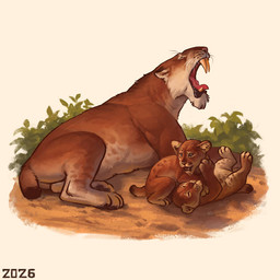ambiguous_gender fangs feral fluffy fur group open_mouth orange_body orange_fur pink_tongue plant play_fight quadruped relaxing sabertooth_(anatomy) sand simple_background tan_body tan_fur teeth tongue trio white_background white_body white_fur yawn young alexpahomov felid homotherium mammal prehistoric_species saber-toothed_tiger 1:1 2026