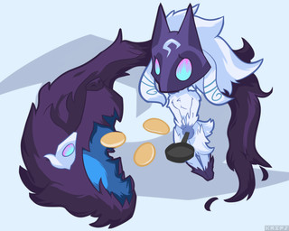 ambiguous_gender anthro black_body black_fur blue_eyes cookware digitigrade duo food frying_pan fur hair kitchen_utensils legless mask open_mouth pancake simple_background tools wearing_mask white_body white_fur kaiponi_(artist) kaips league_of_legends riot_games tencent kindred_(lol) lamb_(lol) wolf_(lol) bovid canid canine canis caprine mammal sheep spirit wolf 2015 5:4 hi_res