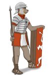 2:3 anthro armor blackbetty bottomwear canid canine canis clothed clothing female footwear headgear helmet hi_res laminar_armor mammal melee_weapon polearm roman sandals shield skirt solo spear weapon wolf