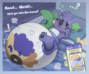abdl ageplay anthro bedding big_diaper cellphone clothed clothing diaper diaper_puff diaper_transformation duo electronics fur head_tuft holding_object holding_phone huge_diaper hyper_diaper infantilism looking_at_viewer lying male male_anthro motion_lines on_back one_eye_closed open_mouth permanent_transformation phone pillow pink_tongue purple_body purple_fur roleplay smartphone solo_focus tired tongue topless tuft wearing_diaper white_diaper bunnykisses nintendo pokemon beatrice_(dampersbea) wally_(dampersbea) animate_inanimate bibarel diaper_creature generation_4_pokemon generation_7_pokemon koala komala mammal marsupial pokemon_(species) vombatiform hi_res