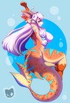 anthro big_tail blue_eyes breasts female hair jewelry non-mammal_breasts nude orange_body simple_background smile solo stretching stripes tail white_hair nolshibavg sushi_(sootsprite) fish marine shark absurd_res hi_res