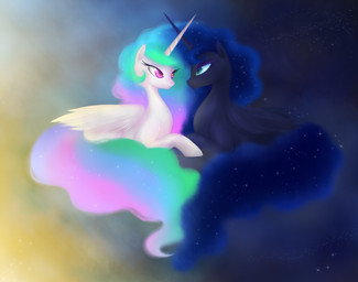 blue_eyes day duo feathered_wings feathers female feral hair horn multicolored_hair night princess royalty sparkles star wings mn27 friendship_is_magic hasbro my_little_pony mythology nightmare_moon_(mlp) princess_celestia_(mlp) equid equine mammal mythological_creature mythological_equine winged_unicorn source_request