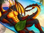 5_fingers abs anthro beach beach_towel biped black_body blurred_background claws day detailed_background finger_claws fingers horn licking licking_lips licking_own_lips looking_at_viewer male membrane_(anatomy) membranous_wings muscular muscular_anthro muscular_male pecs reclining red_body sea seaside solo tail teeth tongue tongue_out towel water wings yellow_body yellow_eyes alanora mythology karrthus dragon mythological_creature mythological_scalie scalie 4:3