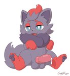 animal_genitalia animal_penis balls blue_eyes blush blush_lines bodily_fluids canine_genitalia canine_penis cum cum_drip dripping feral fur genital_fluids genitals grey_body grey_fur looking_at_viewer male pawpads penis red_body red_fur sitting snaggle_tooth solo gooeythings nintendo pokemon generation_5_pokemon pokemon_(species) zorua absurd_res hi_res