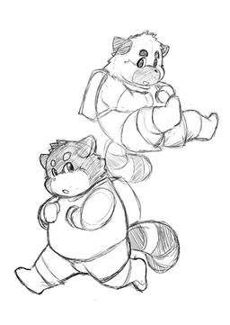 anthro backpack bottomwear clothing kemono male shirt shorts simple_background sitting slightly_chubby solo topwear white_background kiyo canid canine mammal raccoon_dog tanuki 2015 monochrome