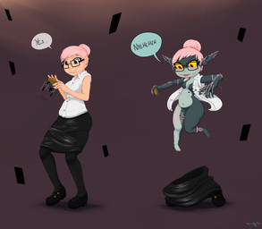 before_and_after blush bottomwear breasts clothed clothing cute_fangs eyewear fangs female floating fully_clothed glasses hair human_to_humanoid not_furry pink_hair red_eyes shirt short_hair short_stackification shortstack shortstack_female shrinking size_transformation skirt smile solo species_transformation teeth tf_into_fictional_character topwear transformation yellow_sclera mentalcrash human humanoid mammal twili 2020 absurd_res hi_res