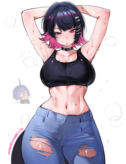accessory big_breasts black_choker black_clothing black_hair black_jewelry black_necklace black_shirt black_topwear blush bodily_fluids bottomwear breasts chibi choker cleavage clothed clothing crop_top denim denim_bottomwear denim_clothing duo ear_piercing female hair hair_accessory hairclip hands_behind_head humanoid_focus jeans jewelry lollipop_in_mouth looking_at_viewer midriff mole_under_eye mouth_hold necklace pants piercing pink_eyes pink_hair raised_arms shirt short_hair simple_background solo_focus sweat sweaty_body tail thick_thighs topwear torn_bottomwear torn_clothing torn_jeans torn_pants white_background wide_hips qiandaiyiyu mihoyo zenless_zone_zero belle_(zenless_zone_zero) ellen_joe animal_humanoid fish fish_humanoid human humanoid mammal marine marine_humanoid shark_humanoid thiren absurd_res digital_drawing_(artwork) digital_media_(artwork) hi_res