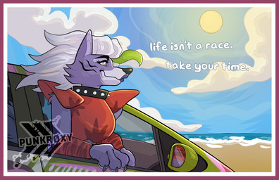 anthro beach car claws cloud collar female fingers inside_car inside_vehicle sand seaside solo spiked_collar spikes sun text vehicle water punkroxy five_nights_at_freddy's five_nights_at_freddy's:_security_breach scottgames steel_wool_studios roxanne_wolf canid canine canis mammal wolf 2023 absurd_res digital_media_(artwork) english_text hi_res