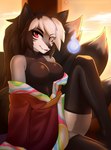 anthro black_hair black_nose breasts clothed clothing eyebrows eyelashes female hair looking_at_viewer red_eyes smile solo xaenyth canid canine fox mammal 2023 digital_media_(artwork) hi_res