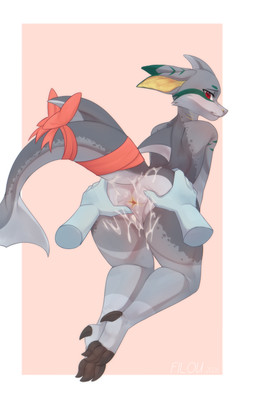 anthro bodily_fluids butt cum cum_in_vagina cum_inside cum_on_butt cumshot ejaculation female fur genital_fluids genitals grey_body non-mammal_vulva presenting presenting_vulva red_bow red_eyes solo tail tan_body tan_fur vulva filoubee aquatic fish shark absurd_res hi_res