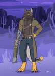 anthro armor belt blue_bottomwear blue_clothing blue_jeans blue_pants body_armor bottomwear brown_body brown_clothing brown_coat brown_fur brown_topwear cactus claws clothed clothing cloud coat denim denim_bottomwear denim_clothing detailed_background fur grass jeans laser_rifle looking_aside male multicolored_body multicolored_fur night pants plant ranged_weapon rock sky solo standing star starry_sky teeth text topwear weapon yellow_body yellow_fur wolfarion fallout microsoft fan_character hale_(wolfarion) canid canine canis coyote hybrid mammal night_stalker_(fallout) pit_viper reptile scalie snake viper 2021 artist_name colored hi_res shaded