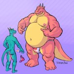 anthro belly big_belly clothing duo gesture hand_gesture horn male male/male moobs muscular overweight overweight_male pointing size_difference smile tail turned_on underwear welcoming sertralion mythology dragon kaiju mythological_creature mythological_scalie scalie boyfriends 1:1 hi_res