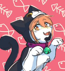 ambiguous_gender anthro bell bell_collar cat_costume clothed clothing collar costume fangs fur hair looking_at_viewer open_mouth open_smile orange_eyes orange_hair pattern_background purple_collar red_tongue simple_background smile solo tail teeth tongue white_body white_fur yellow_body yellow_fur kuttoyaki mythology kutto dragon furred_dragon furred_scalie mythological_creature mythological_scalie scalie absurd_res colored_sketch hi_res sketch male_(lore)