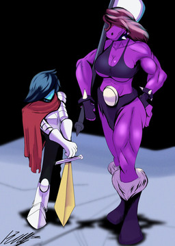 5_fingers abstract_background anthro armored_boots axe battle_axe biceps big_breasts black_boots black_clothing black_crop_top black_footwear black_gloves black_handwear black_shirt black_topwear blue_body blue_hair blue_skin boots bottomwear bracelet breasts cape clothing collar crop_top duo female fingerless_gloves fingers footwear gloves hair hair_over_eyes handwear jewelry loincloth long_hair male melee_weapon muscular muscular_anthro muscular_arms muscular_female muscular_legs purple_body purple_hair purple_scales scales shirt shoes smile snout spiked_bracelet spiked_collar spikes sword topwear under_boob weapon beltimerperbus deltarune undertale_(series) kris_dreemurr susie_(deltarune) human mammal reptile scalie 2025 digital_drawing_(artwork) digital_media_(artwork) hi_res signature