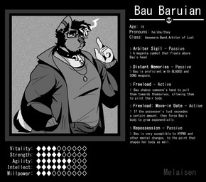 anthro biography bone clothed clothed_anthro clothed_male clothing collar ear_piercing eyewear fully_clothed fully_clothed_anthro fully_clothed_male gesture glasses hair hand_gesture hand_in_pocket jacket jewelry male male_anthro mouth_closed necklace piercing pockets pronouns raised_finger raised_index_finger shirt skull solo stated_age stats text topwear melaisen bau_(melaisen) akita canid canine canis domestic_dog mammal spitz 2023 absurd_res character_name digital_drawing_(artwork) digital_media_(artwork) english_text greyscale half-length_portrait hi_res monochrome portrait nonbinary_(lore)