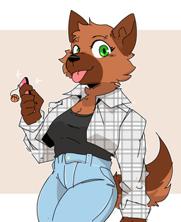 5_fingers anthro black_nose blue_bottomwear blue_clothing blue_jeans blue_pants bottomwear breasts brown_body brown_ears brown_fur brown_hair brown_tail button_(fastener) cellphone clothed clothed_anthro clothed_female clothing denim denim_bottomwear denim_clothing electronics emoji_description eyebrow_piercing eyebrows eyelashes facial_markings facial_piercing female female_anthro fingers front_view fur green_eyes hair head_markings holding_cellphone holding_object holding_phone holding_smartphone jeans markings muzzle_(marking) pants pattern_clothing pattern_shirt pattern_topwear phone phone_charm piercing pink_tongue plaid plaid_clothing plaid_shirt plaid_topwear shirt simple_background smartphone solo tail thin_eyebrows tongue tongue_out topwear white_sclera conditional_dnp sonokido ventura_city_drifters rose_naire canid canine canis domestic_dog german_shepherd herding_dog mammal pastoral_dog 2022 absurd_res digital_media_(artwork) english_description hi_res portrait three-quarter_portrait