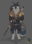 anthro armor biped bone bracers cape claw_marks clothed clothing eye_scar facial_scar fully_clothed grey_background knife male melee_weapon pauldron polearm scar simple_background solo spear weapon weapon_on_back wolfdawg montana_(wolfdawg) canid canine canis mammal wolf 2017 hi_res