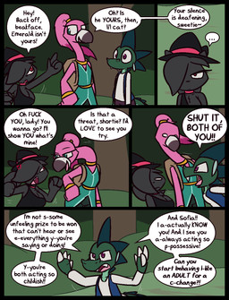 4_fingers angry annoyed anthro beak big_breasts black_clothing black_dress black_hat black_headwear black_nose blue_clothing blue_eyes blue_pupils blue_topwear blue_vest bottomwear bracelet breasts choker claws clothing cross-popping_vein cute_fangs dialogue dress ellipsis eye_contact fangs female finger_claws fingers fist forest fur gesture green_bottomwear green_clothing green_pants green_shirt green_topwear grey_beak grey_body grey_fur grey_hair group hair hair_over_eye hand_gesture hat headgear headwear jewelry looking_at_another male necklace no_pupils outside pants pink_choker pink_clothing pink_eyes pink_hat pink_headwear pink_jewelry pink_necklace pink_pupils plant pointing ponytail profanity pupils purple_beak purple_eyes purple_pupils raised_arms shirt short_stack smile smirk speech_bubble teeth text topwear tree trio vest white_claws white_clothing white_eyes white_shirt white_topwear witch_hat yelling ultilix european_mythology mythology emerald_(ultilix) primrose_(ultilix) sofia_(ultilix) avian bird domestic_cat dragon felid feline felis flamingo mammal mythological_creature mythological_scalie scalie western_dragon 2025 comic english_text hi_res multiple_scenes