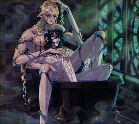 alternative_fashion bath bathing bathing_together bathroom bathtub claw_foot_bathtub curly_hair detailed_background duo finger_tattoo goth hair hand_tattoo humanoid_pointy_ears lips long_hair male male/male not_furry nude pointy_ears sitting tattoo tattooed_joints the_distortion_(tma) water wet_hair blackberreh the_magnus_archives beholding_(tma) gerard_keay michael_shelley avatar_(tma) entity_(tma) human humanoid mammal spiral_(tma) digital_media_(artwork) hi_res