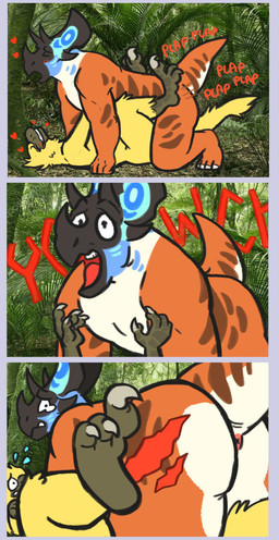 anthro duo female from_front_position lying male male/female missionary_position multicolored_body on_back scratch_mark sex yellow_body wolfhusband ceratopsian ceratopsid chasmosaurine dinosaur dromaeosaurid marginocephalian ornithischian prehistoric_species reptile saurischian scalie theropod triceratops absurd_res comic hi_res