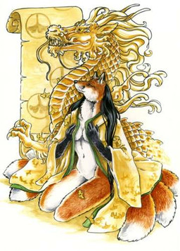 anthro asian asian_clothing biped clothing east_asian_clothing female japanese_clothing multi_tail nude scroll sculpture sitting solo statue tail heather_bruton mythology canid canine dragon fox mammal mythological_creature mythological_scalie red_fox scalie true_fox low_res