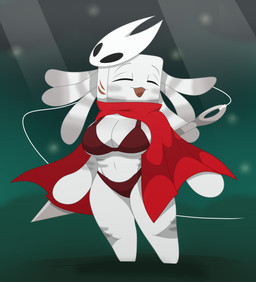 biped bra breasts clothing cosplay crossover_cosplay eyebrows eyes_closed female mask melee_weapon open_mouth open_smile red_clothing smile solo standing thread tongue underwear weapon weapon_on_back dirkosy hollow_knight_(franchise) microsoft minecraft mojang team_cherry xbox_game_studios hornet_(hollow_knight) happy_ghast_(minecraft) 2025 absurd_res crossover hi_res