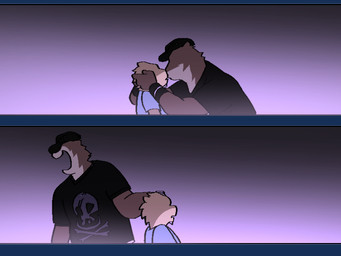 anthro black_clothing brown_body brown_fur clothed clothing duo fur gradient_background hat headgear headwear holding_head kissing laugh male male/male simple_background skull_and_crossbones tan_body tan_fur phwog echo_(game) echo_(series) echo_project chase_hunter sydney_bronson asian_small-clawed_otter lontra mammal mustelid north_american_river_otter otter river_otter 4:3 alpha_channel comic letterbox