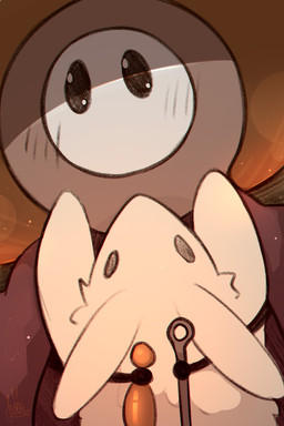 ambiguous_gender black_eyes blush duo feral front_view fur grey_body holding_object larger_ambiguous size_difference smaller_ambiguous smaller_feral white_body white_ears white_fur white_legs theusualbunny hollow_knight:_silksong hollow_knight_(franchise) team_cherry sherma_(hollow_knight:_silksong) arthropod lagomorph leporid mammal rabbit absurd_res hi_res