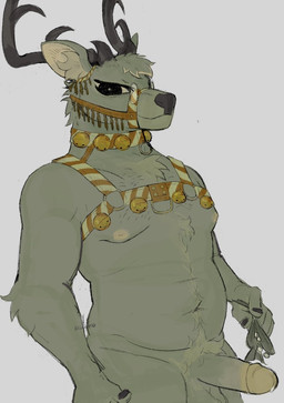 2_horns anthro antlers balls bell bell_harness bit_gag black_eyes bodily_fluids brown_antlers brown_nose christmas_clothing circumcised closed_smile clothing collar erection fur gag genital_fluids genitals green_balls green_body green_fur green_penis grey_background harness holding_plant holidays horn humanoid_genitalia humanoid_penis inner_ear_fluff male male_anthro mostly_nude_anthro mostly_nude_male mouth_closed multicolored_harness navel nipples orange_bit orange_collar penis precum pupils simple_background slightly_chubby slightly_chubby_anthro slightly_chubby_male smile solo striped_collar striped_harness tan_inner_ear tan_inner_ear_fluff tan_nipples tan_pupils tan_sclera text tuft two_tone_collar two_tone_harness killcuspid christmas lawrence_(killcuspid) deer mammal 2022 artist_name hi_res portrait three-quarter_portrait