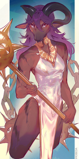 anthro biped breasts claws clothed clothed_anthro clothed_female clothing female fingers front_view fur hair horn looking_at_viewer simple_background solo standing tail teeth momobeda bovid caprine goat mammal 2026 digital_drawing_(artwork) digital_media_(artwork)
