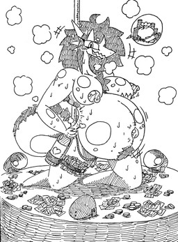ambiguous_penetration anthro areola armpit_hair belly belly_tuft big_belly big_breasts bodily_fluids body_hair breasts chest_tuft claws coin eyelashes female hair heart_symbol hose hose_inflation huge_belly hyper hyper_belly inflation money money_bag money_in_legwear money_in_thigh_highs navel nipples open_mouth outie_navel penetration pole puffy_nipples smoke solo speech_bubble stripper_pole sweat tail tuft hage mythology kebuka_(hage) dragon mythological_creature mythological_scalie scalie 2019 hi_res monochrome