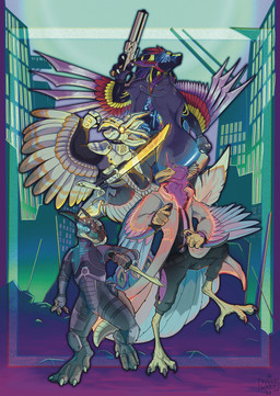 anthro armor avian_feet beak biped blue_body brown_body claws clothing countershading cyberpunk feathered_crest feathered_wings feathers glowing glowing_clothing green_eyes group gun head_crest horn jacket male melee_weapon pink_body pupils ranged_weapon scarf slit_pupils sword tail tail_feathers tan_body topwear weapon winged_arms wings cowmomile bryce_daeless dervali gambit_farsight gyro_feather avali avian bird galliform kobold peafowl phasianid scalie absurd_res hi_res