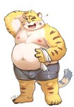 anthro belly big_belly blush bulge clothing heart_symbol kemono male moobs navel nipples one_eye_closed overweight overweight_male simple_background solo towel underwear white_background wink hikoero777 felid mammal pantherine tiger 2024 absurd_res hi_res