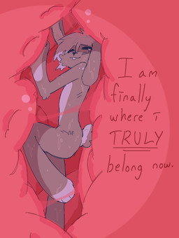 ambiguous_gender anthro blush bodily_fluids buckteeth crying endosoma eyes_closed fur happy internal markings purple_body safe_vore saliva smile solo tears tears_of_joy teeth text vore erogurobot fan_character animal_humanoid humanoid lagomorph lagomorph_humanoid leporid mammal mammal_humanoid rabbit absurd_res colored english_text hi_res
