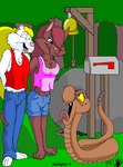 anthro blonde_hair blue_eyes breasts brown_body brown_fur brown_scales chest_tuft cleavage clothed clothing eyes_closed female feral fluffy fluffy_tail forked_tongue fur group hair male midriff navel pink_nose red_hair scales shirt tail tank_top tongue topwear trio tuft yellow_eyes yellow_tail kthanid_(artist) rutwell_forest martin_mink serenakty sylvester_s._svengal_esq. domestic_cat felid feline felis mammal mink mustelid musteline pit_viper rattlesnake reptile scalie snake true_musteline viper