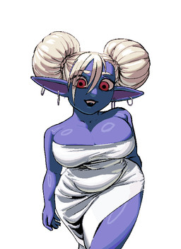 big_breasts black_lipstick breasts clothing dress ear_piercing ear_ring female lipstick looking_at_viewer makeup piercing pointy_ears red_eyes ring_piercing shortstack simple_background smile solo thick_thighs tight_clothing tight_dress wet wide_hips oppmann league_of_legends riot_games tencent poppy_(lol) humanoid imp yordle hi_res