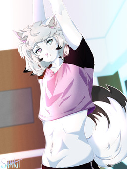 abs anthro blue_eyes blush clothing cute_fangs electronics fangs femboy fluffy fluffy_tail fur furniture glistening hair heterochromia inner_ear_fluff light looking_at_viewer male navel pink_eyes solo stretching sunlight tail teeth television tuft white_body white_fur white_hair samkit sam_(samkit) canid canine domestic_cat felid feline felis fox hybrid mammal 3:4 absurd_res hi_res
