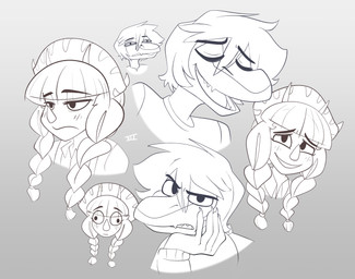 annoyed anthro biped blush braided_hair claws clothed clothed_anthro clothed_female clothed_male clothing disappointed disinterested duo emoji eyebrows eyes_closed eyes_mostly_closed facial_horn female finger_claws fingers flustered frill_(anatomy) frown grey_background hair hand_on_cheek happy horn humanoid_hands laugh long_hair looking_at_viewer male markings narrowed_eyes open_mouth open_smile raised_inner_eyebrows shirt short_hair simple_background smile spots spotted_markings surprised text topwear wide_eyed seven_(artist) cavemanon_studios snoot_game fan_character jack_(snoot_game) lavender_(snoot_game) baryonyx ceratopsian ceratopsid chasmosaurine dinosaur marginocephalian ornithischian prehistoric_species reptile saurischian scalie spinosaurid theropod triceratops 2026 absurd_res artist_name greyscale headshot_portrait hi_res monochrome multiple_images portrait sketch_page