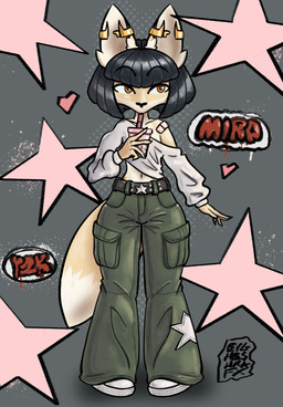 anthro beverage black_hair bob_cut bottomwear bubble_tea cargo_pants clothing drinking ear_piercing female footwear gold_(metal) gold_jewelry graffiti hair jewelry looking_side orange_eyes pants piercing shirt shoes simple_background solo star topwear white_clothing white_footwear white_shirt white_shoes white_topwear y2k_(fashion) y2k_(graphic_design) evgheshkafx mira_(evgheshkafx) canid canine fennec_fox fox mammal true_fox hi_res