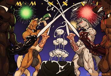alcohol anthro beverage bodily_fluids bow_tie champagne circlejerk cum cum_in_a_cup cum_in_container ejaculation fireworks genital_fluids group group_masturbation holidays hose_penis male masturbation gimmemysmokes new_year new_year_2026 equid equine horse mammal hi_res