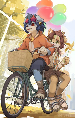 accessory aloha_shirt anthro balloon bell bicycle blue_body blue_bottomwear blue_clothing blue_hair blue_shorts bottomwear brown_body brown_bottomwear brown_clothing brown_hair brown_shorts clothed clothing countershade_torso countershading duo floppy_ears footwear furgonomics green_eyes hair headband holding_object inflatable jacket kemono male open_clothing open_mouth open_shirt open_topwear orange_clothing orange_jacket orange_topwear paper_fan pattern_clothing pattern_shirt pattern_topwear red_eyes riding_bike sandals shirt shoes shorts sidewalk topwear vehicle meiyazai canid mammal 2023 hi_res