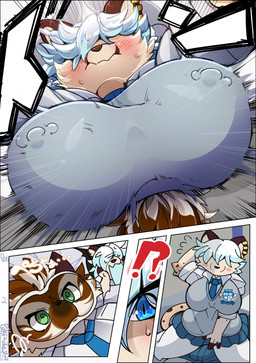 anthro biped blue_clothing blue_hair blush bottomwear breasts clothed clothing female green_eyes grey_clothing hair male miniskirt nipple_outline nipple_piercing_outline skirt tail topwear white_clothing hinata_sakamoto felid mammal comic hi_res