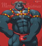 abs anthro armband bell bell_collar bell_harness biceps bulge clothing collar harness horn jingle_bell jingle_bell_collar jingle_bell_harness male merry_christmas muscular muscular_male navel nipples one_eye_closed pecs red_background simple_background smile solo standing text underwear gojho disney zootopia chief_bogo bovid bovine cape_buffalo mammal 2022 english_text hi_res