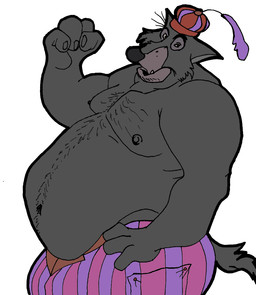 anthro belly belly_hair big_belly body_hair bottomwear chest_hair clothing fur grey_body grey_fur hat headgear headwear male nipples obese obese_male overweight overweight_male pants solo drcbllz disney robin_hood_(disney) sheriff_of_nottingham canid canine canis mammal wolf
