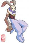 anthro biped clothed clothing floating logo looking_at_viewer simple_background solo white_background sunhuiz bandai_namco digimon antylamon digimon_(species) lagomorph mammal artist_logo