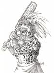 5_fingers anthro armlet armor aztec black_lips bone_in_nose bottomwear clothing ear_piercing ear_ring facial_piercing feathered_headdress fingers holding_macuahuitl holding_melee_weapon holding_object holding_weapon jaguar_spots jewelry lips looking_forward macuahuitl male melee_weapon necklace nose_piercing open_mouth piercing ring_piercing simple_background skirt solo standing teeth tongue tribal vambrace weapon white_background 0laffson felid feline jaguar mammal pantherine 2017 graphite_(artwork) signature traditional_media_(artwork)